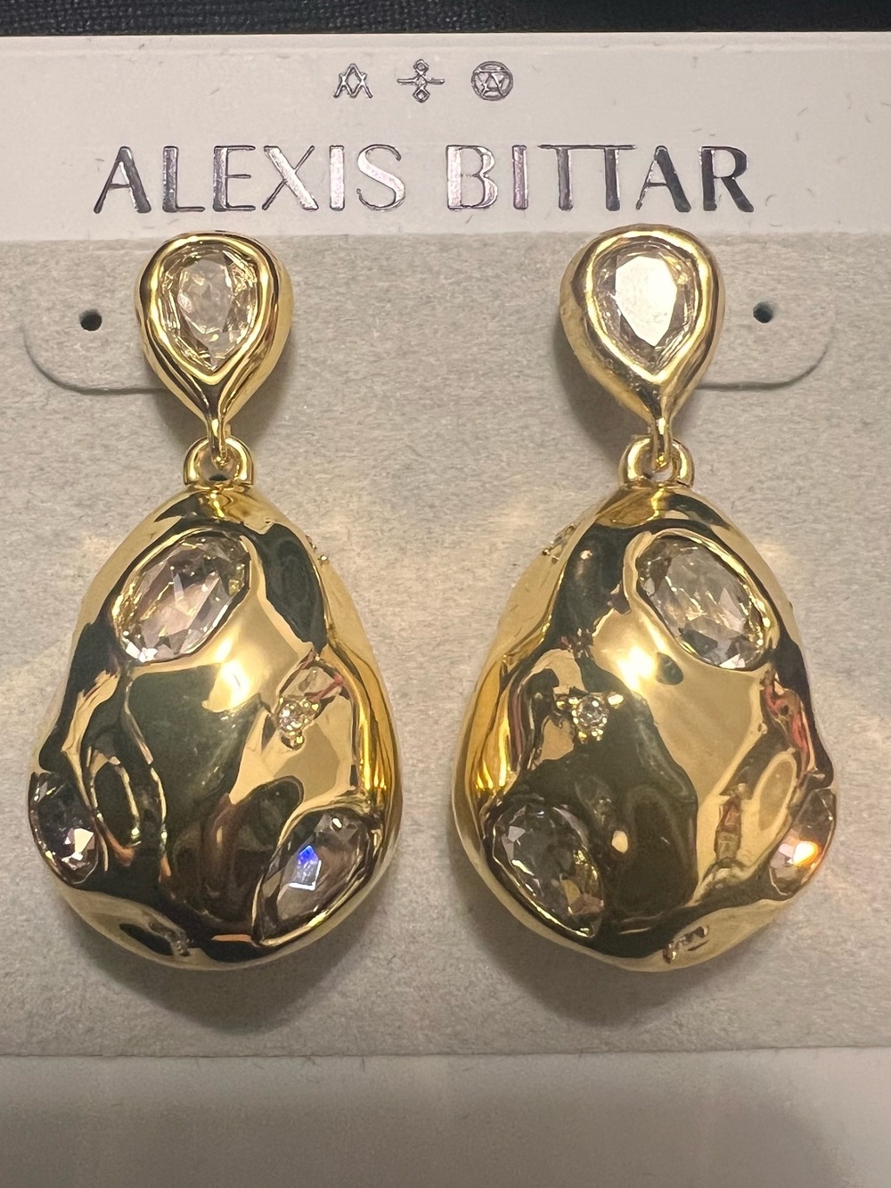 NWT Alexis Bittar Gold Teardrop Rginestone Cluster Drop Earrings